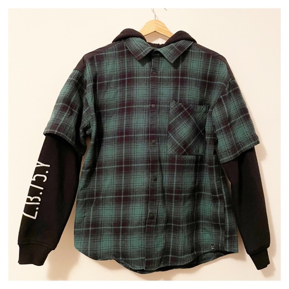 Zara kids green and black plaid button down hoodie shirt size 13-14 - Picture 2 of 9